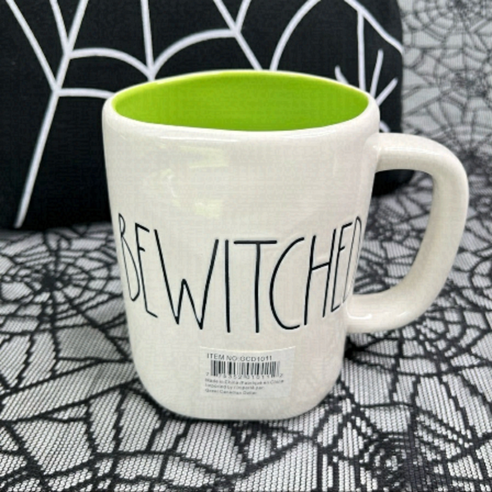 NEW Rae Dunn “BEWITCHED” Lime Green Lined White Ceramic Halloween Coffee Mug